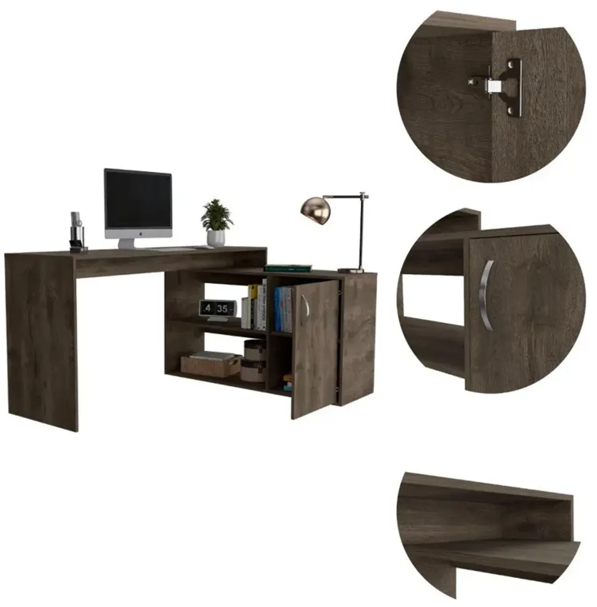 DEPOT E-SHOP Pearl Desk, L-Shaped, One-Door Cabinet, Two Shelves-Dark Brown, For Office