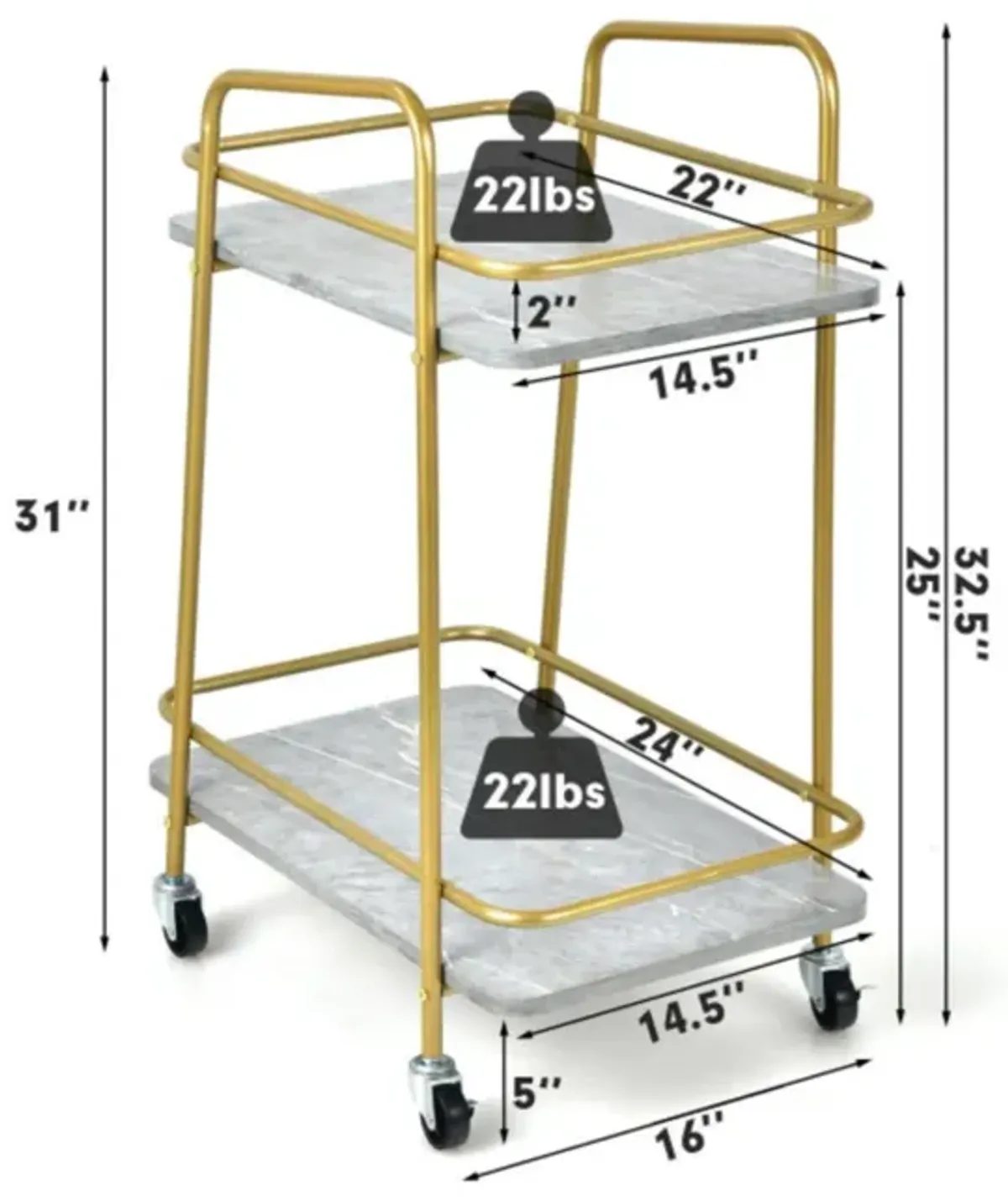 Hivvago 2-tier Kitchen Rolling Cart with Steel Frame and Lockable Casters-Gray