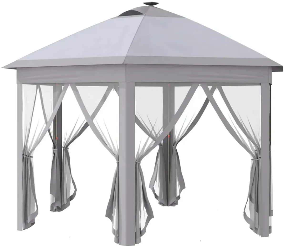 Outsunny 11' x 13' Pop up Gazebo with Netting & Solar LED Lights, Instant Portable Gazebo Shelter, Hexagonal Outdoor Canopy Tent Screen House Room with Carry Bag, Beige