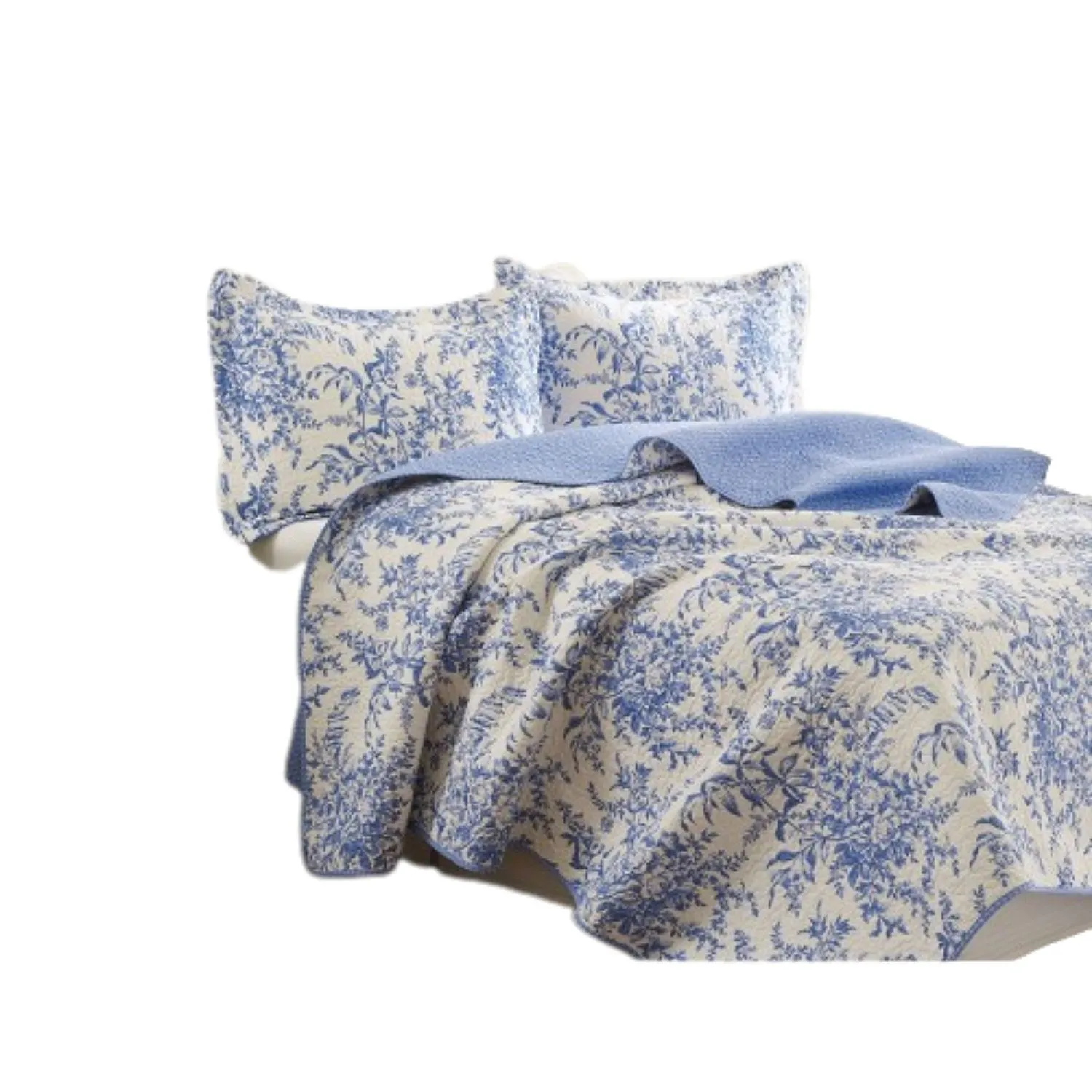 QuikFurn King size 100-Percent Cotton Quilt Bedspread Set with Blue White Floral Leaves Pattern