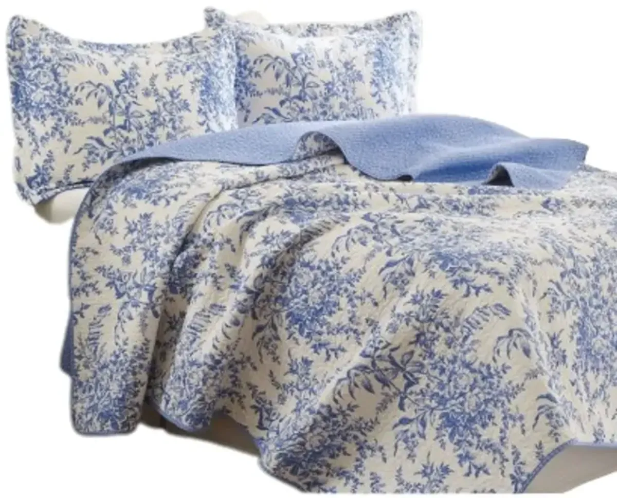 QuikFurn King size 100-Percent Cotton Quilt Bedspread Set with Blue White Floral Leaves Pattern