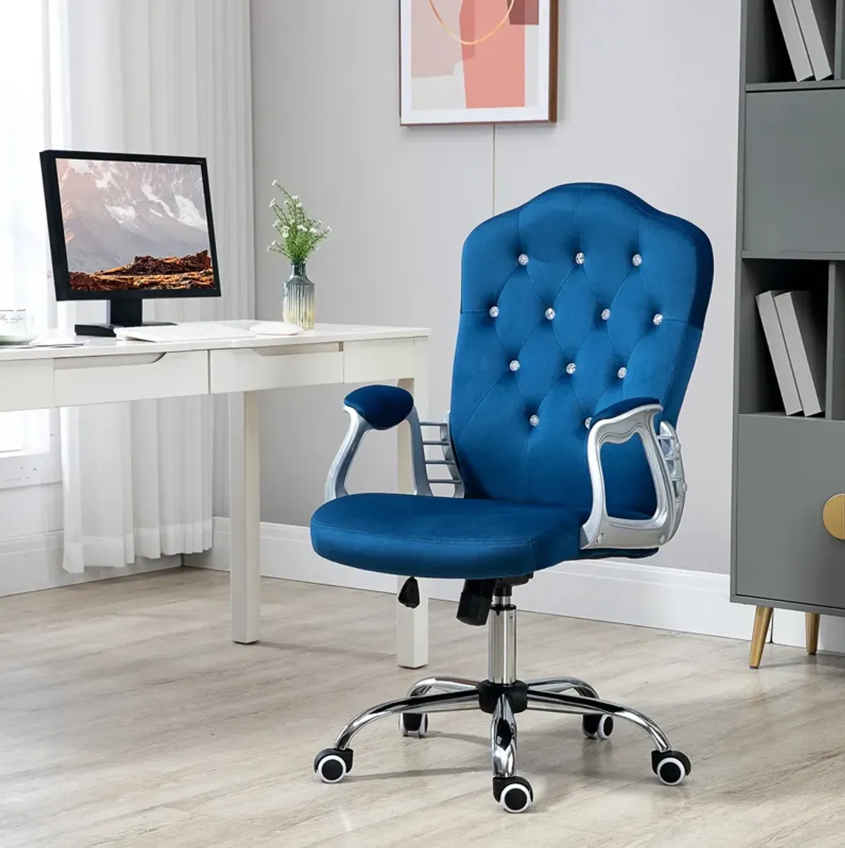 Vinsetto Home Office Chair, Velvet Computer Chair, Button Tufted Desk Chair with Swivel Wheels, Adjustable Height, and Tilt Function, Blue