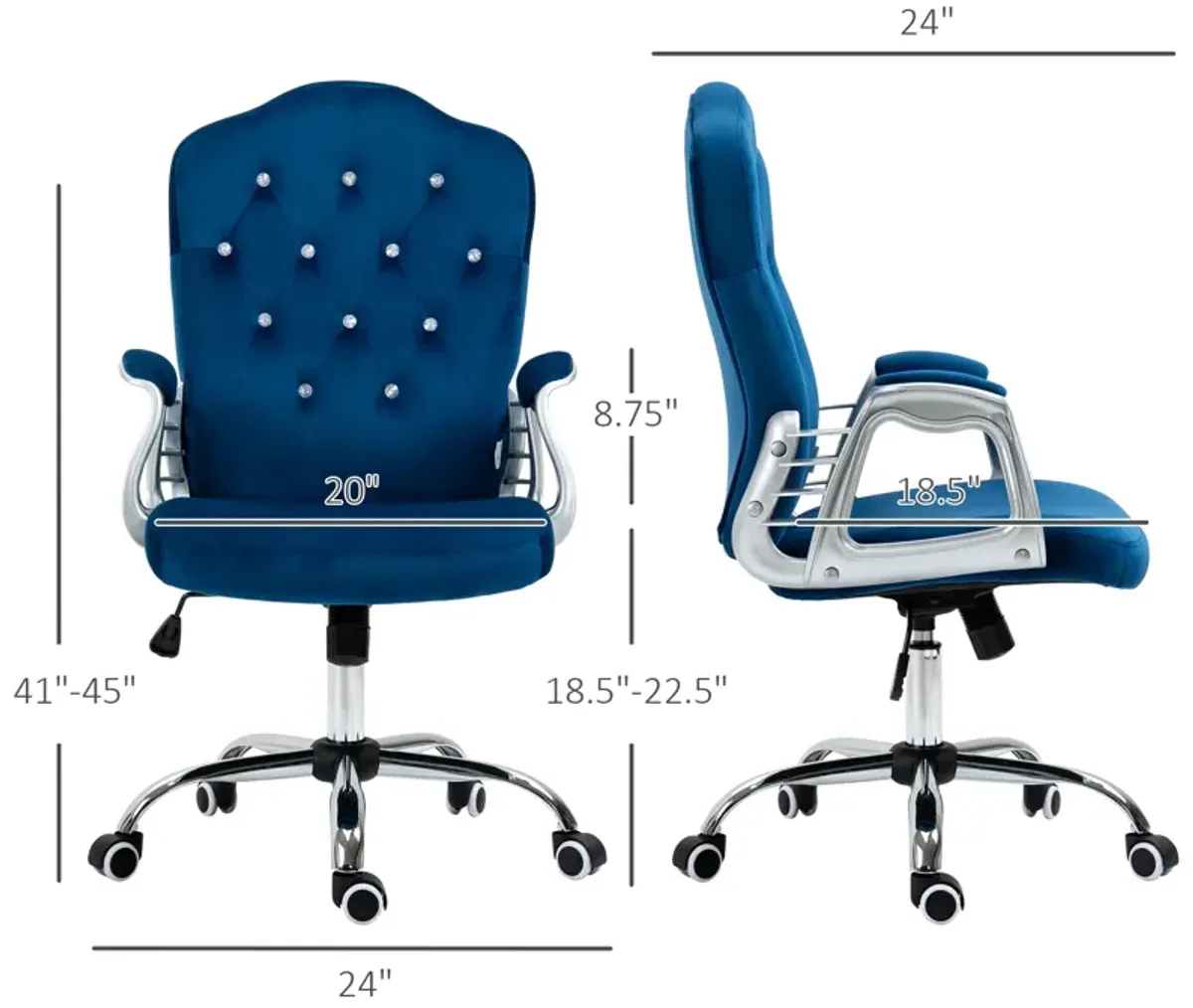 Vinsetto Home Office Chair, Velvet Computer Chair, Button Tufted Desk Chair with Swivel Wheels, Adjustable Height, and Tilt Function, Blue