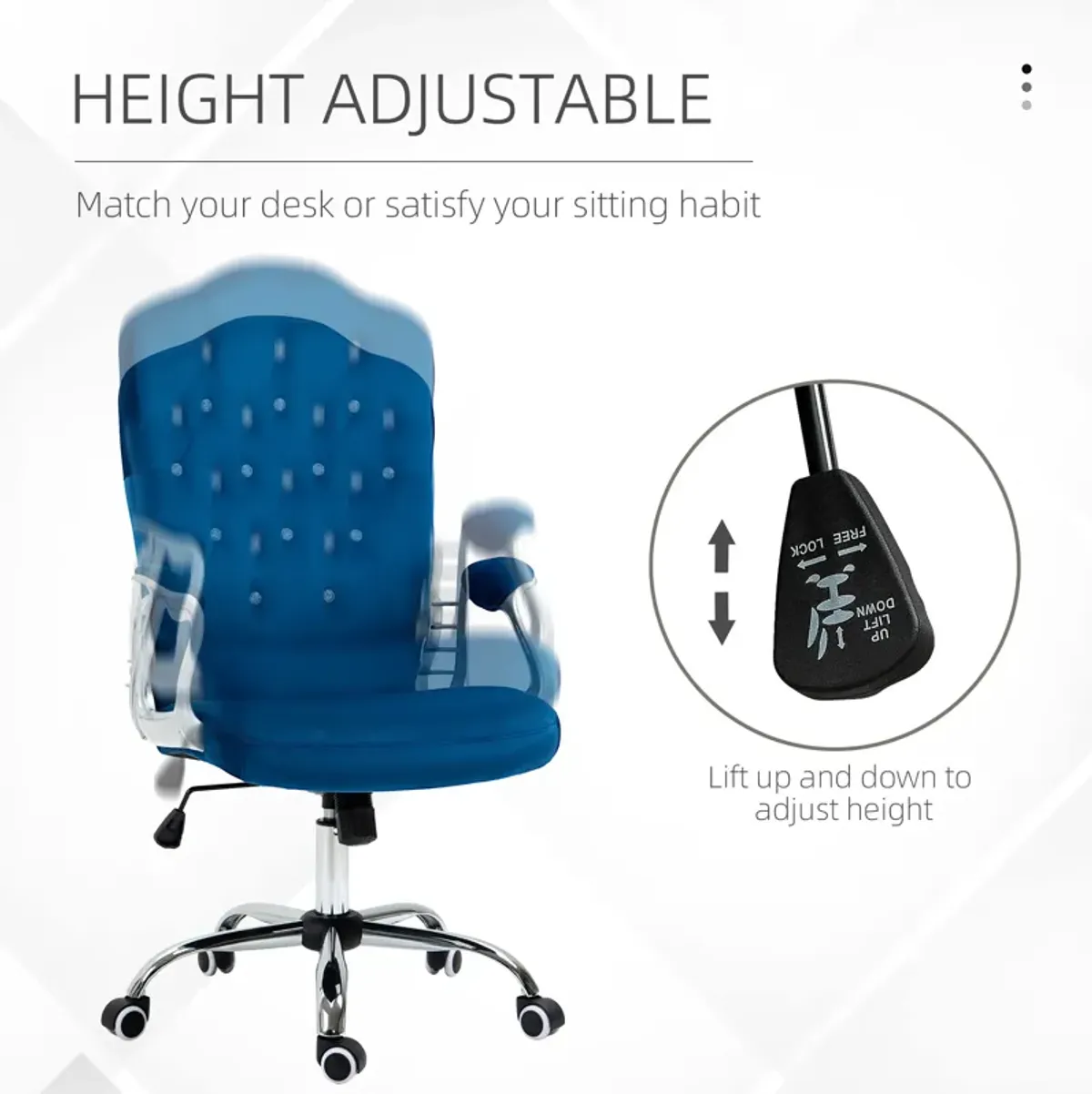 Vinsetto Home Office Chair, Velvet Computer Chair, Button Tufted Desk Chair with Swivel Wheels, Adjustable Height, and Tilt Function, Blue