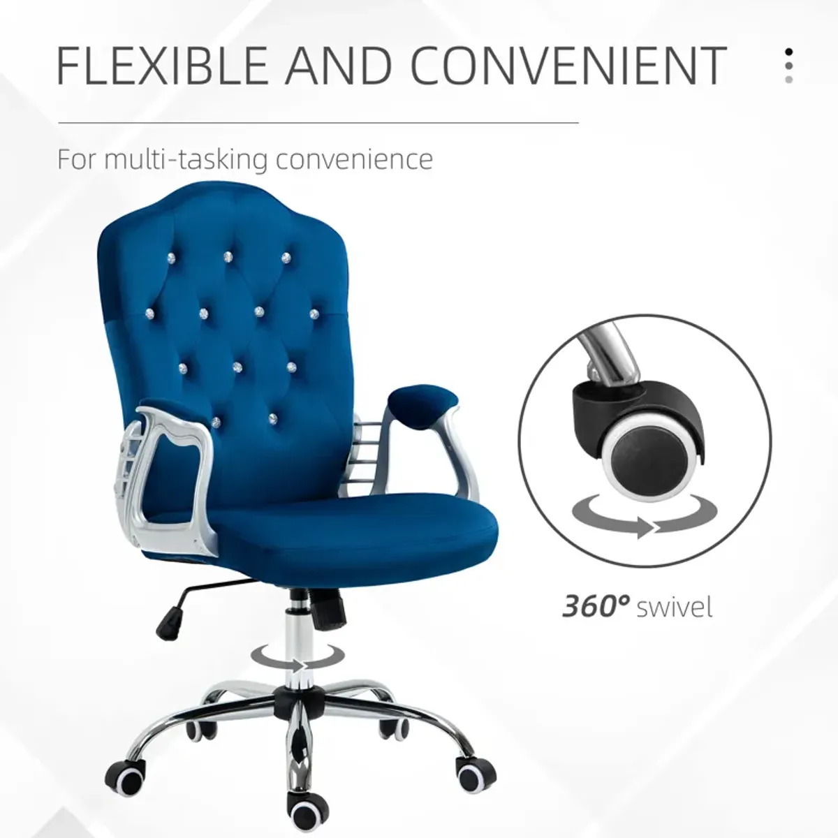 Vinsetto Home Office Chair, Velvet Computer Chair, Button Tufted Desk Chair with Swivel Wheels, Adjustable Height, and Tilt Function, Blue