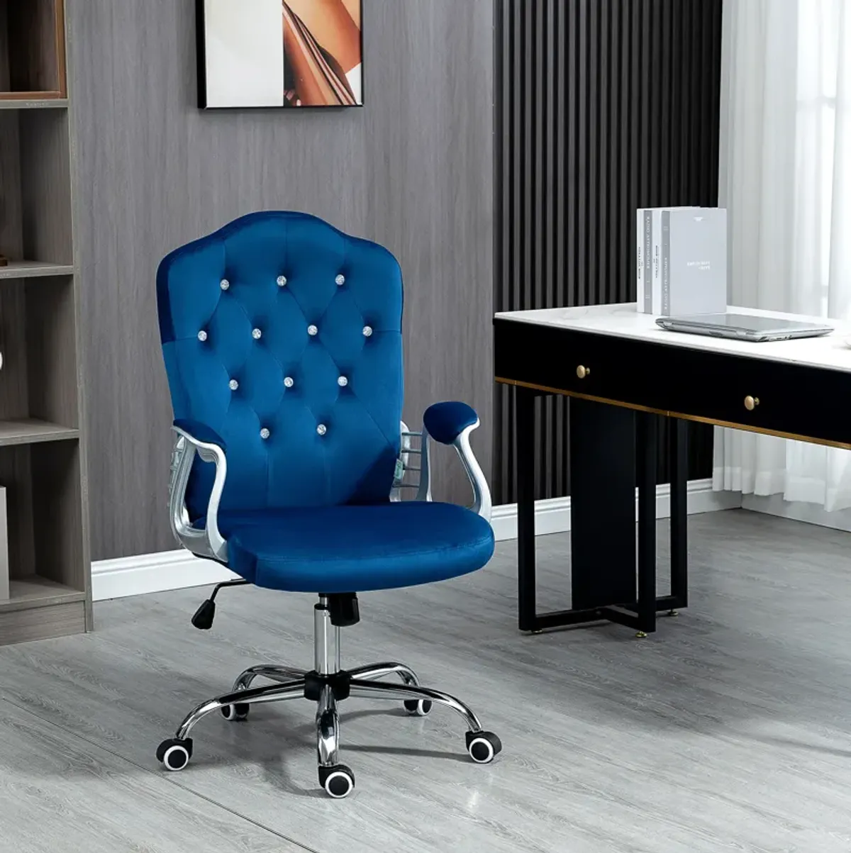 Vinsetto Home Office Chair, Velvet Computer Chair, Button Tufted Desk Chair with Swivel Wheels, Adjustable Height, and Tilt Function, Blue