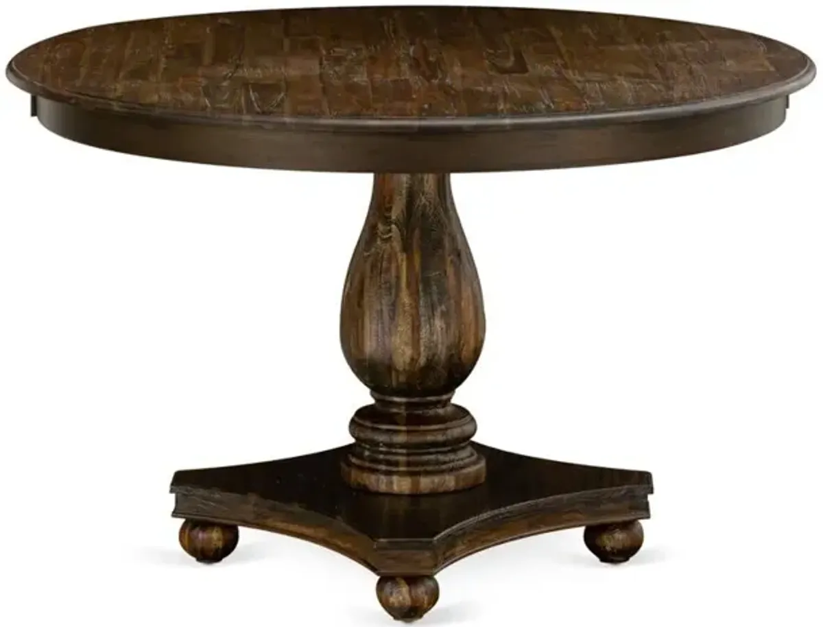 East West Furniture FERRIS Round Dinette Table with Pedestal, Rustic Rubberwood Table in Distressed Jacobean Finish, 48 Inch