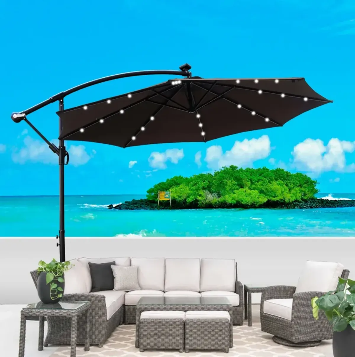 10 FT Outdoor Patio Umbrella Solar Powered LED Lighted Sun Shade Market Waterproof 8 Ribs