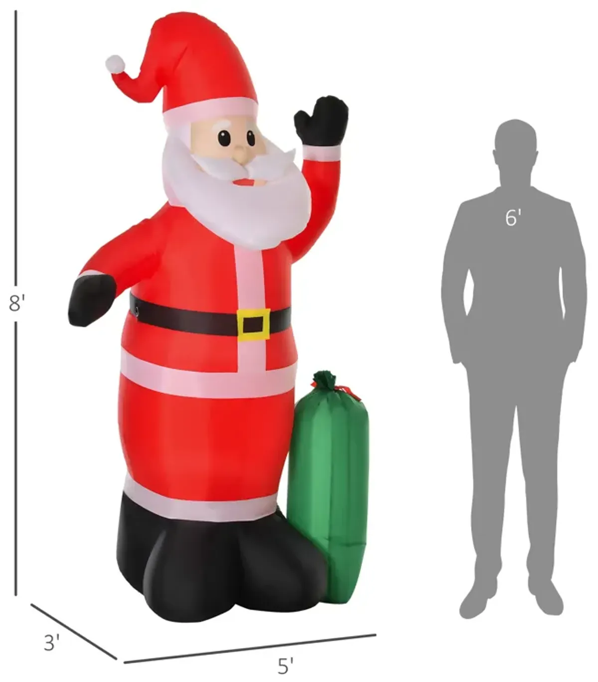 8' Christmas Inflatable Santa Claus w/Gift Bag, Yard Outdoor Holiday Decoration