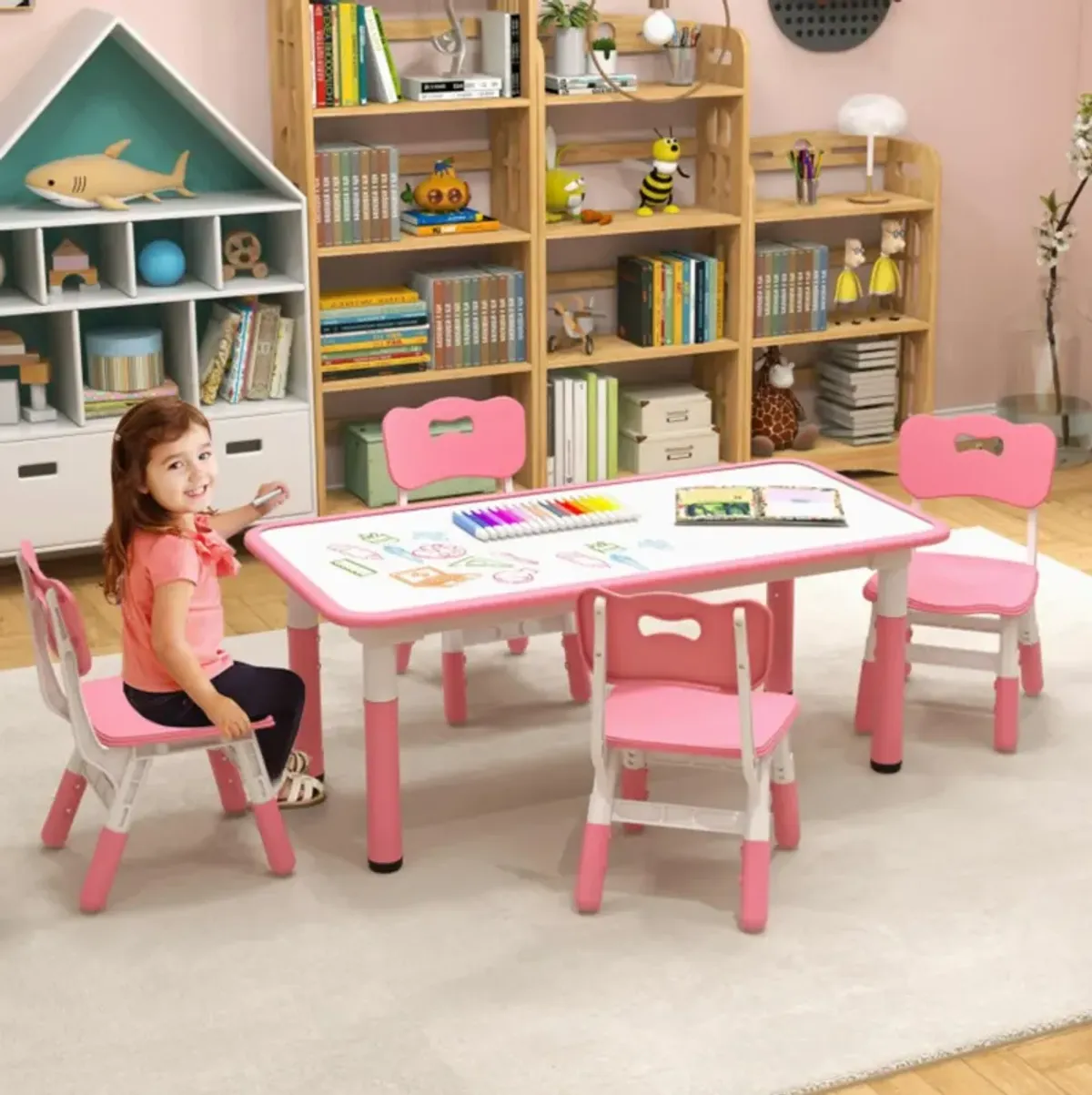 Hivvago Kids Table and Chairs Set for 4 with Graffiti Desktop