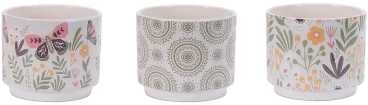 Set of 3 Stone Planters with Floral Pattern for Garden or Home Decor