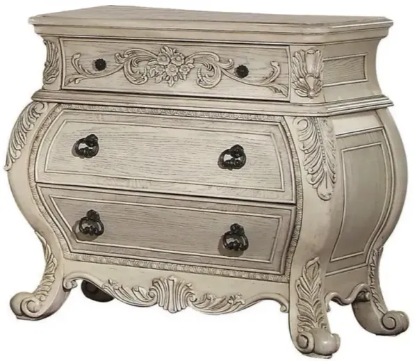 Three Drawer Wooden Nightstand With Scrolled Feet, Antique White-Benzara