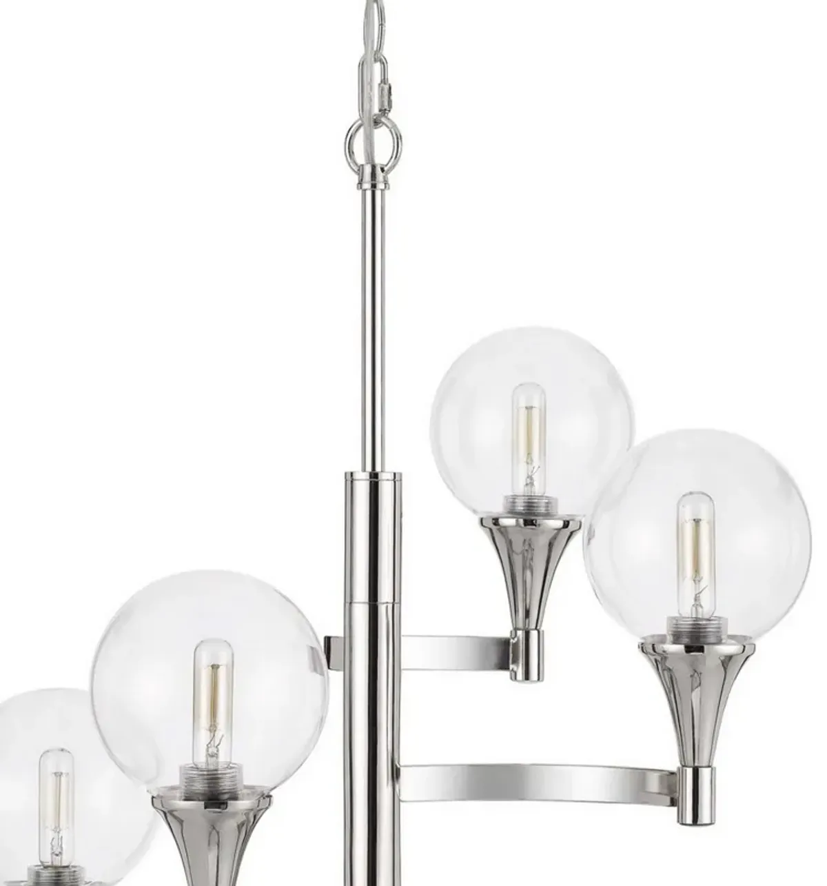 Chandelier with 4 Globe Glass Shades and Cone Design Holders, Chrome-Benzara