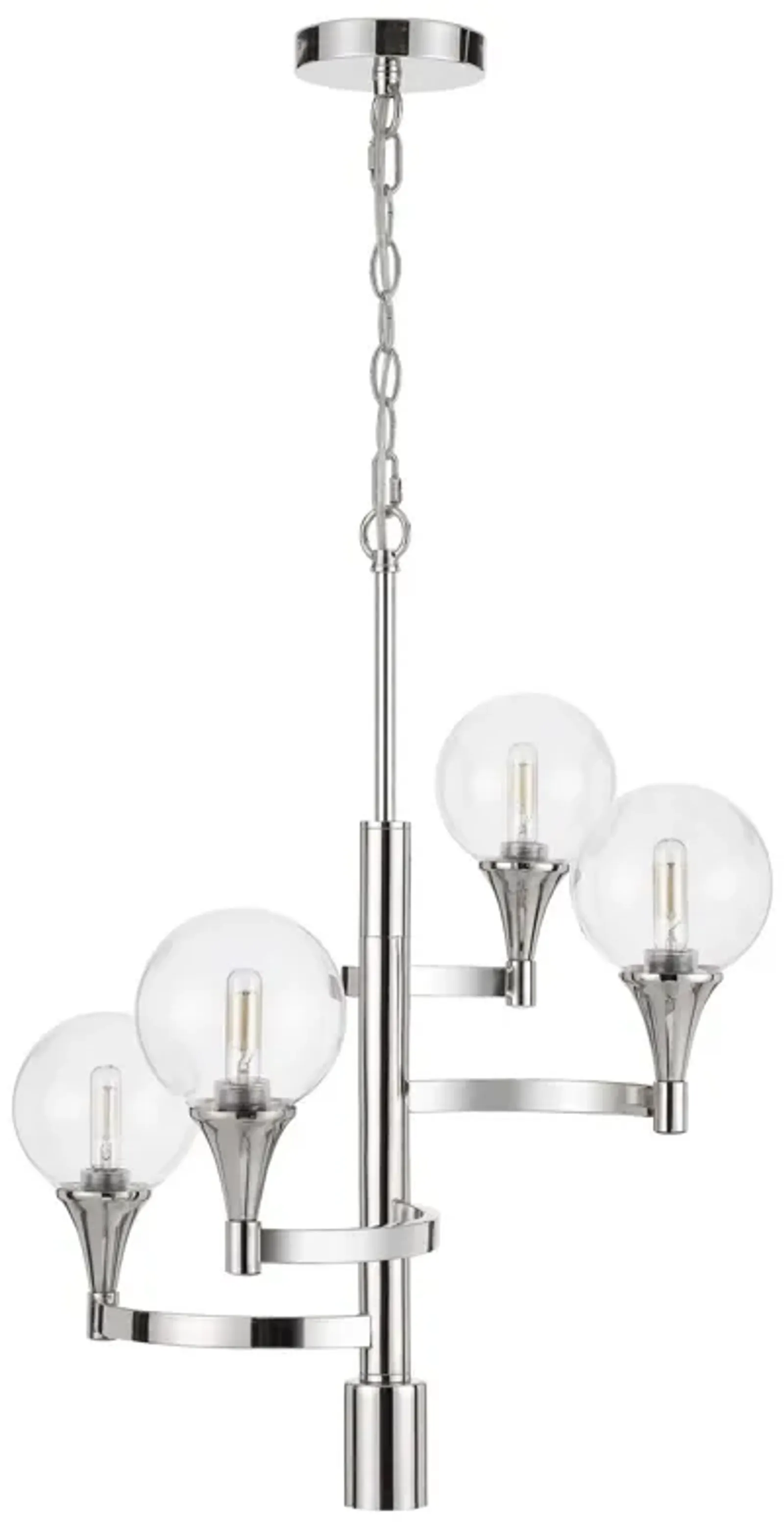 Chandelier with 4 Globe Glass Shades and Cone Design Holders, Chrome-Benzara