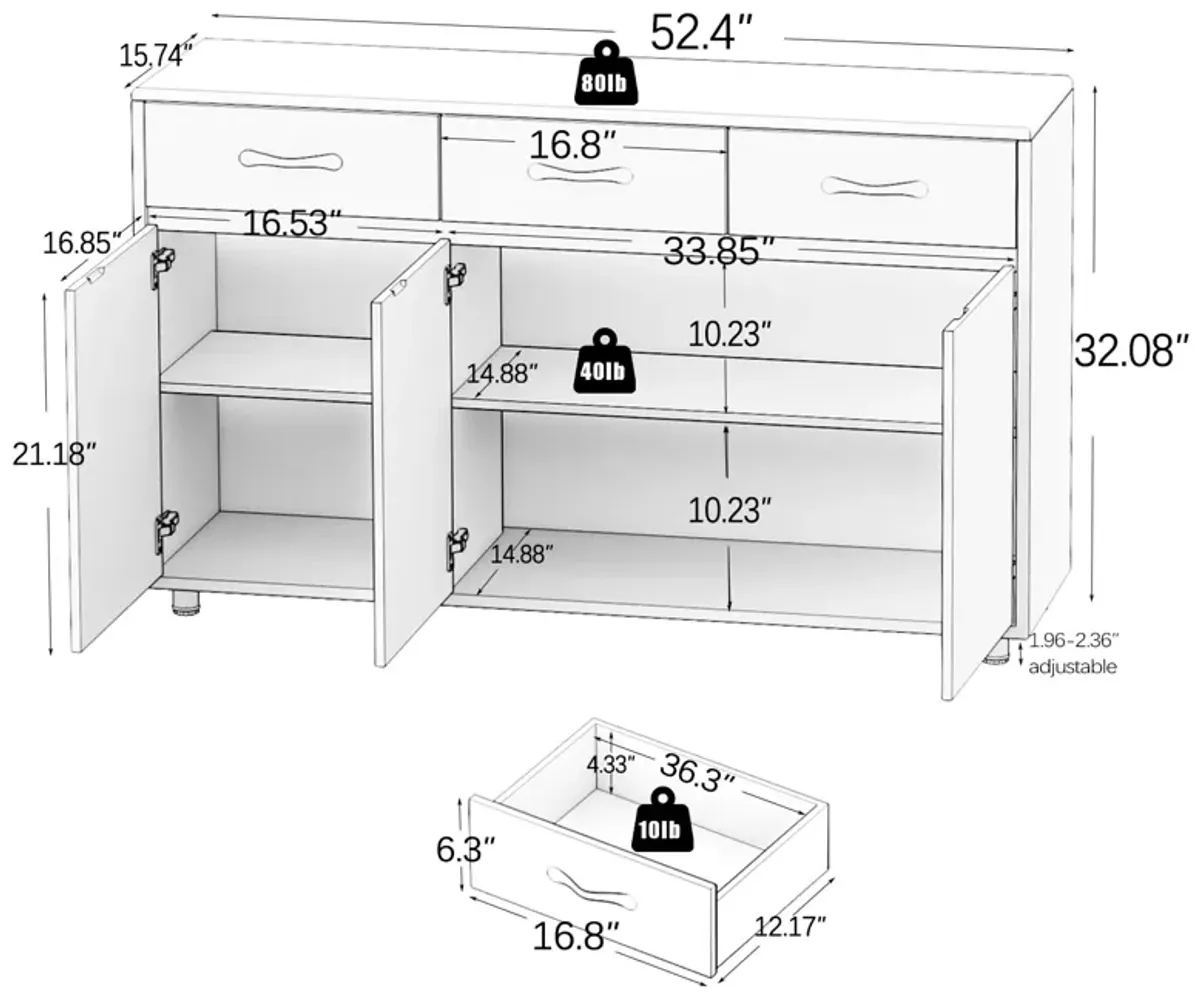 Wood 52.56 in. Sideboard with 3 Drawers and 3 Doors