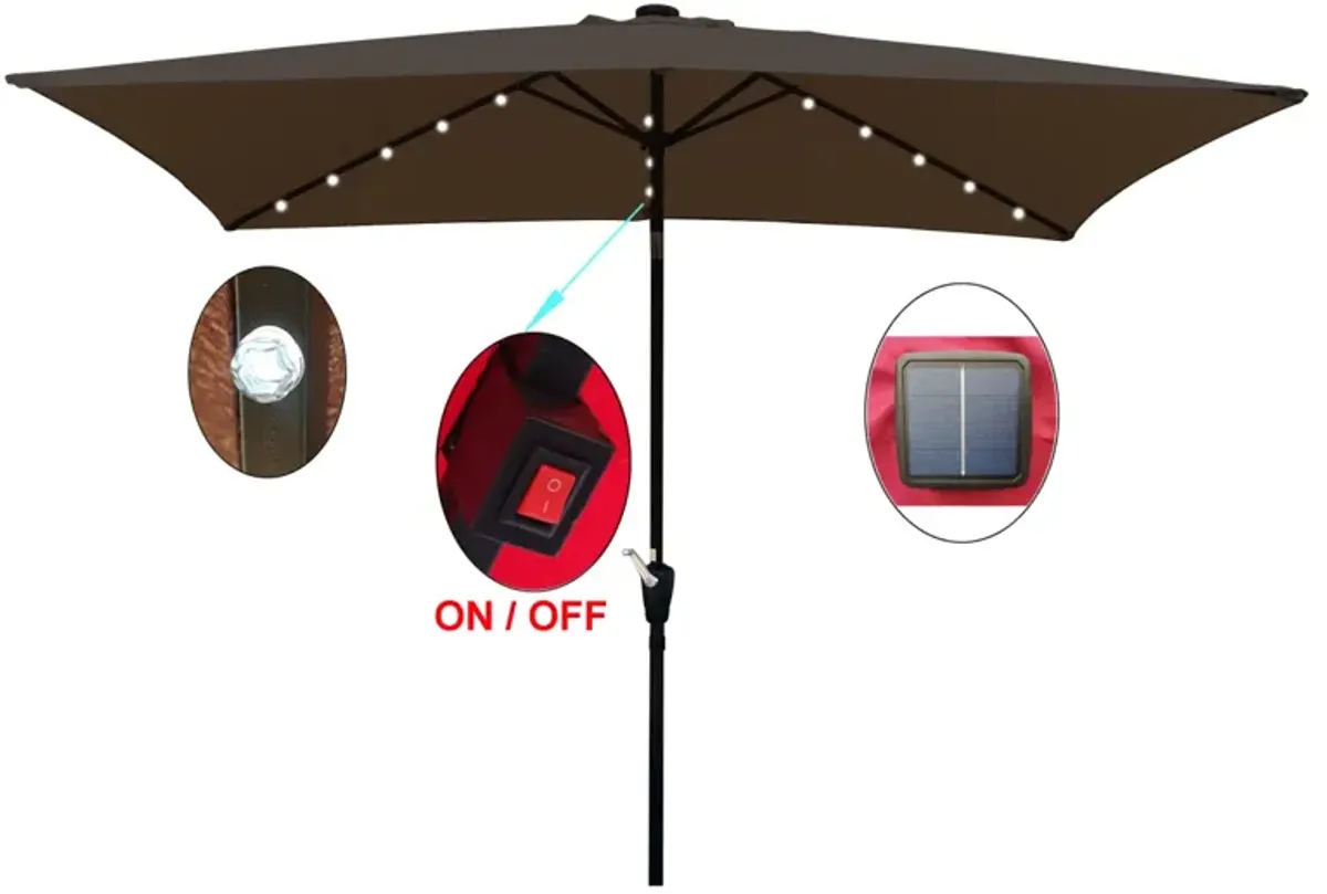 10 X 6.5FT Rectangular Patio Solar LED Lighted Outdoor Umbrellas With Crank And Push Button