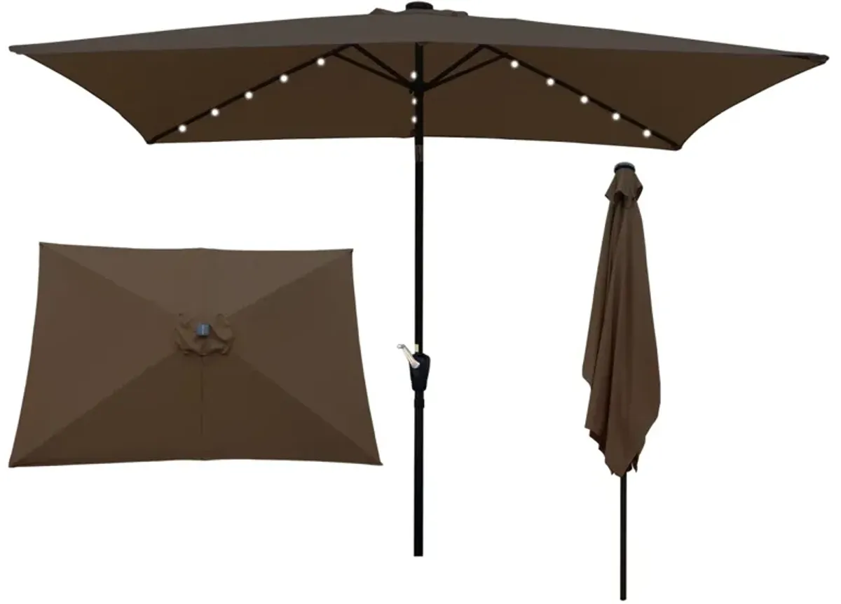 10 X 6.5FT Rectangular Patio Solar LED Lighted Outdoor Umbrellas With Crank And Push Button