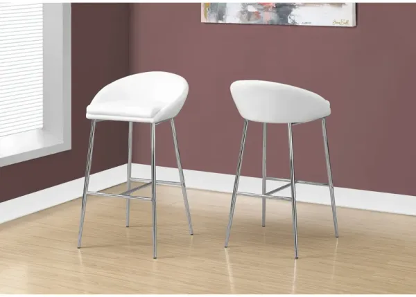Monarch Specialties I 2297 Bar Stool, Set Of 2, Bar Height, Metal, Pu Leather Look, White, Chrome, Contemporary, Modern