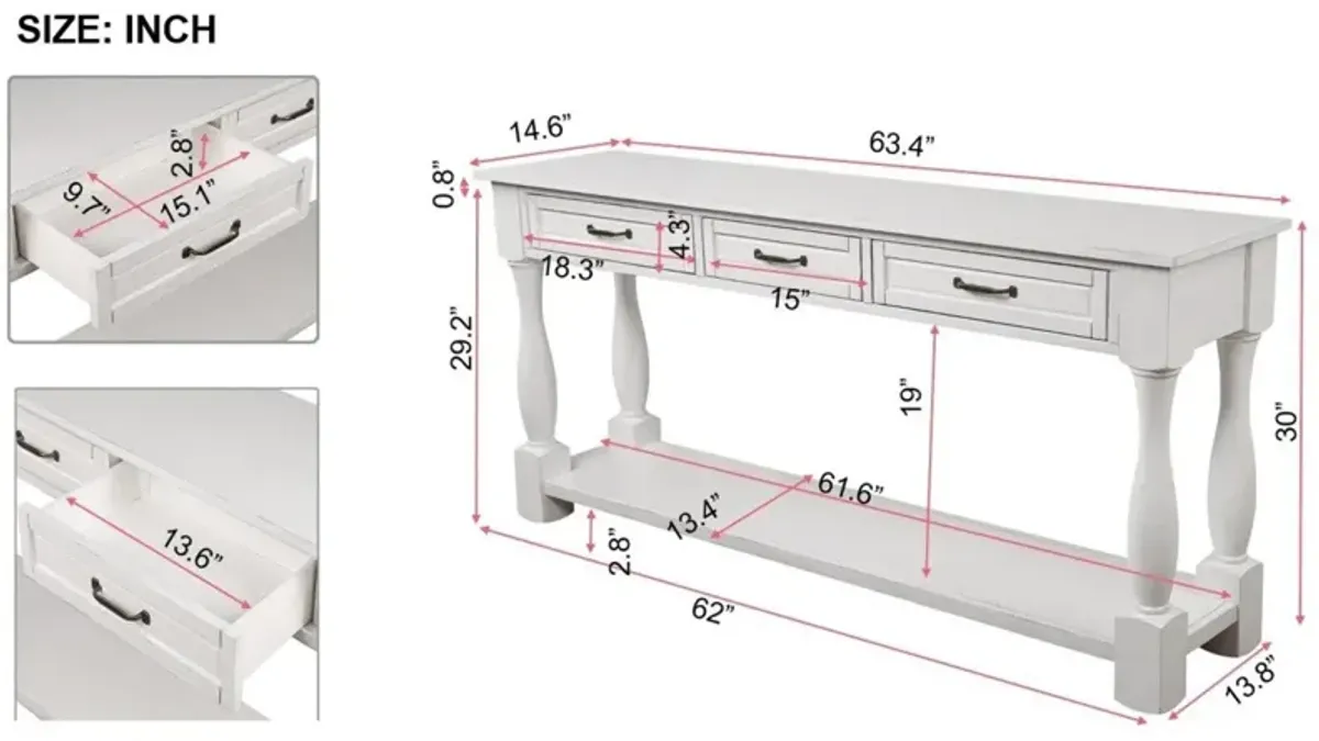 63" Wood Console Table with Drawers & Shelf