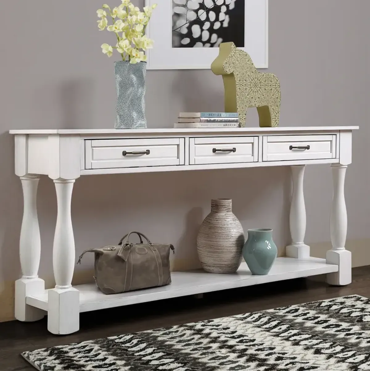 63" Wood Console Table with Drawers & Shelf