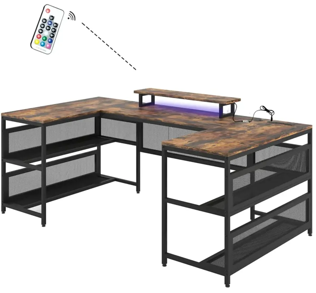 U-Shaped Desk With Shelve And LED Lights