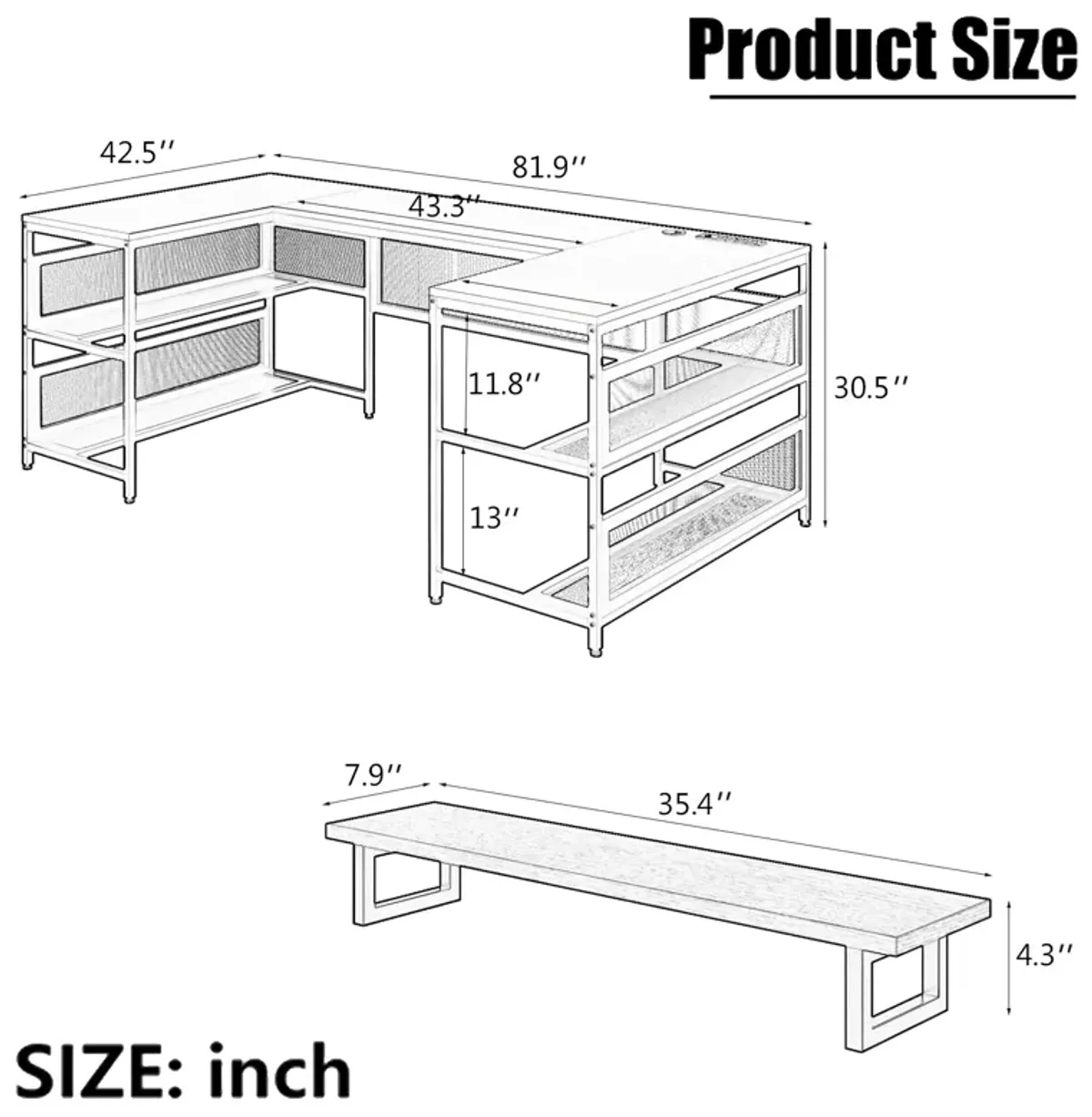 U-Shaped Desk With Shelve And LED Lights