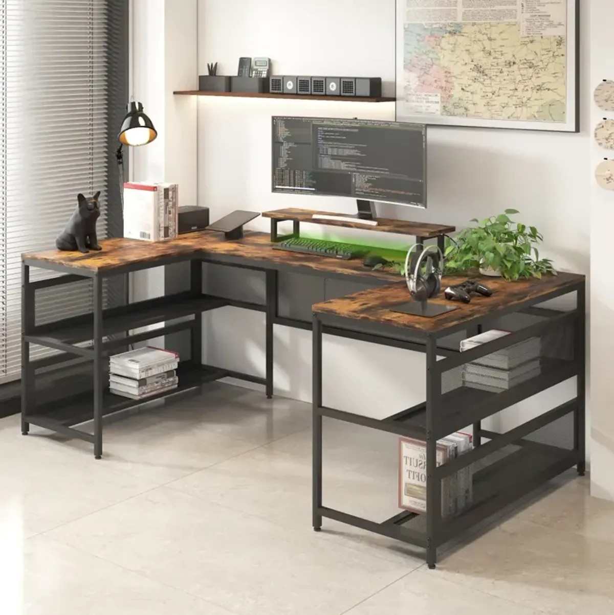 U-Shaped Desk With Shelve And LED Lights