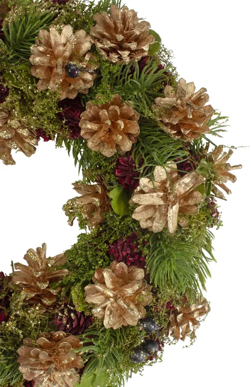 12" Green  Gold  and Red Glitter Pinecones Christmas Wreath