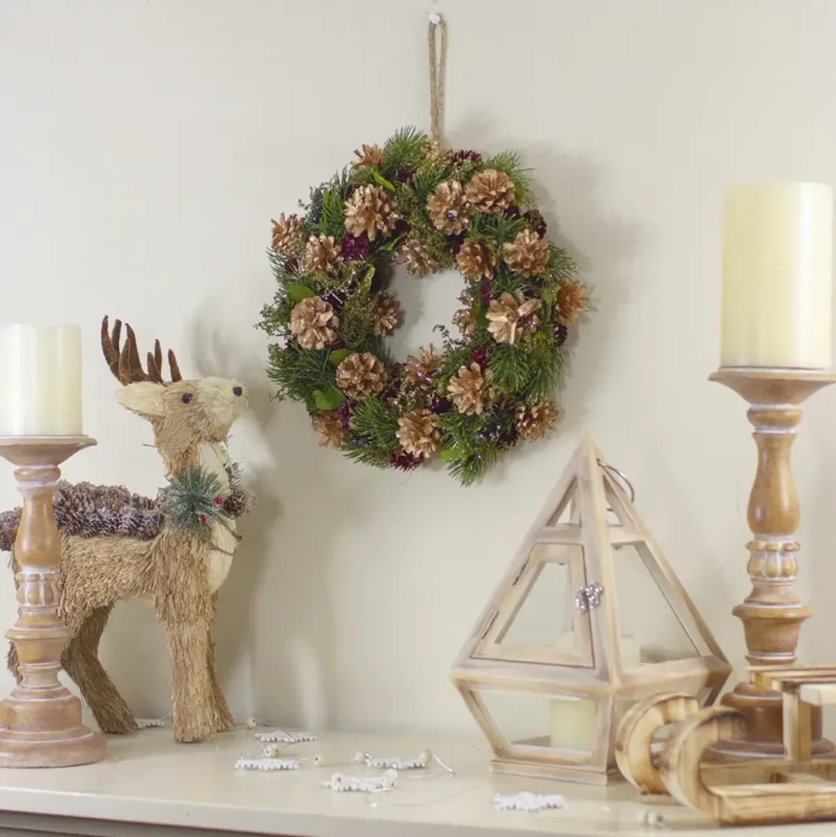 12" Green  Gold  and Red Glitter Pinecones Christmas Wreath