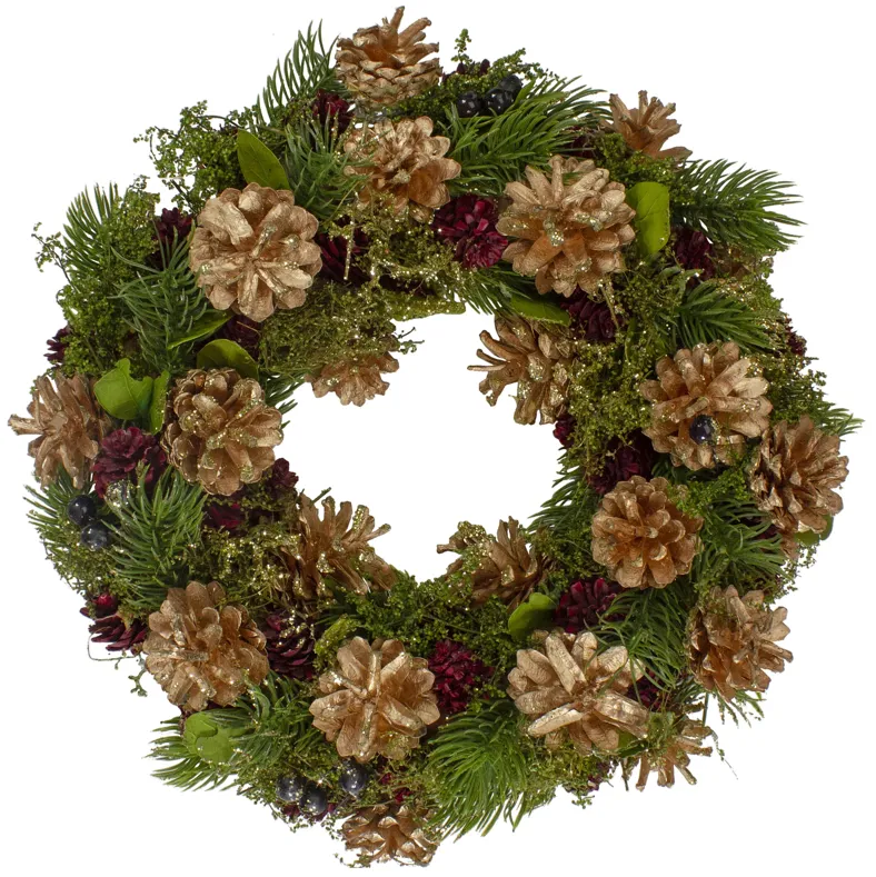 12" Green  Gold  and Red Glitter Pinecones Christmas Wreath