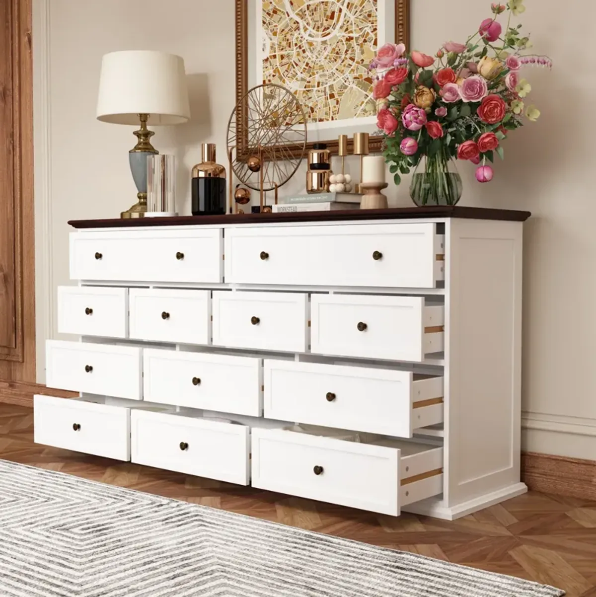 12-Drawer White Wood Dresser Storage Cabinet Vintage Style 31.5 in. H x 61 in. W x 15.7 in. D