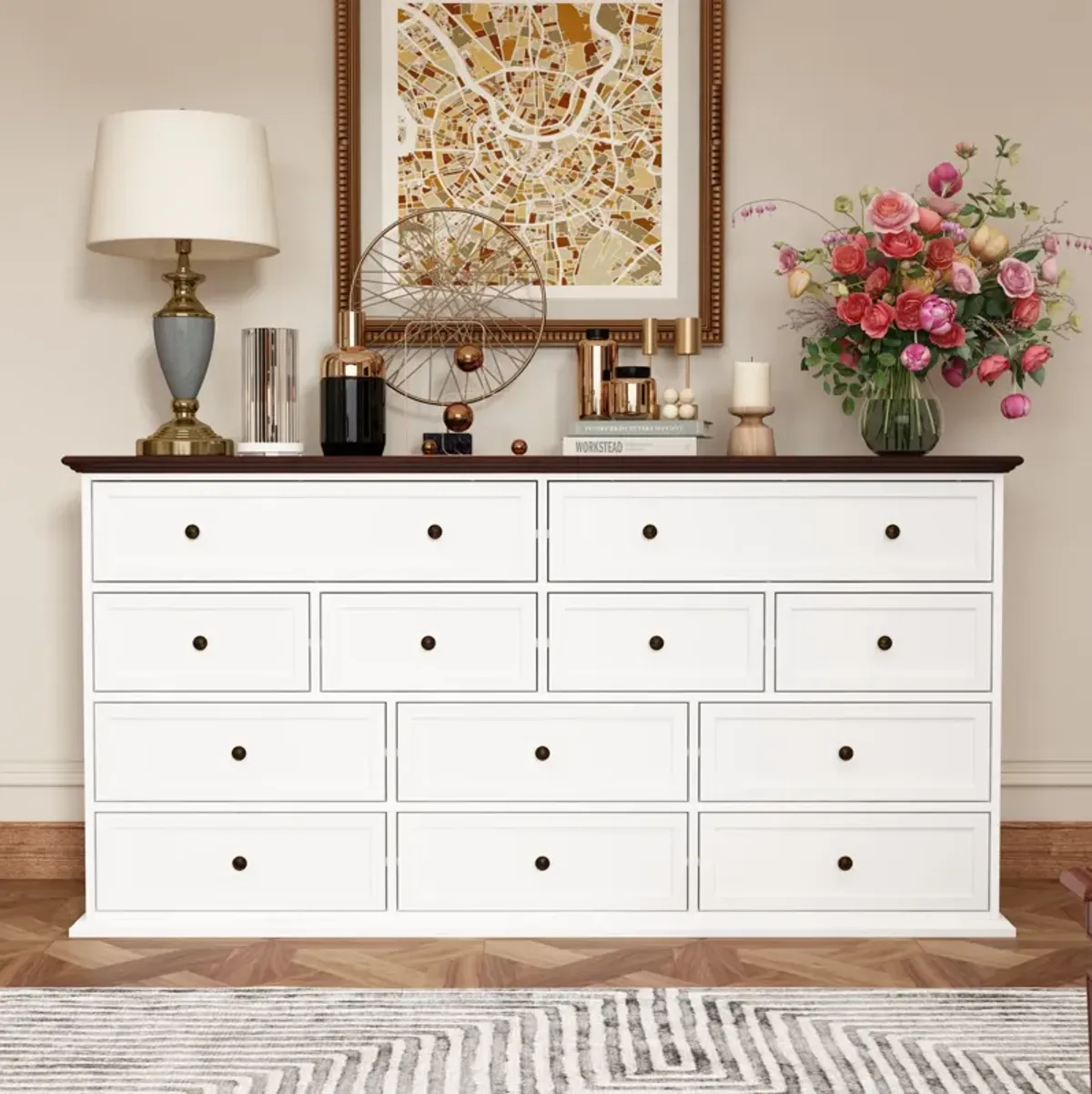 12-Drawer White Wood Dresser Storage Cabinet Vintage Style 31.5 in. H x 61 in. W x 15.7 in. D