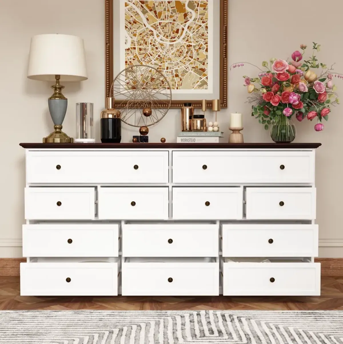 12-Drawer White Wood Dresser Storage Cabinet Vintage Style 31.5 in. H x 61 in. W x 15.7 in. D