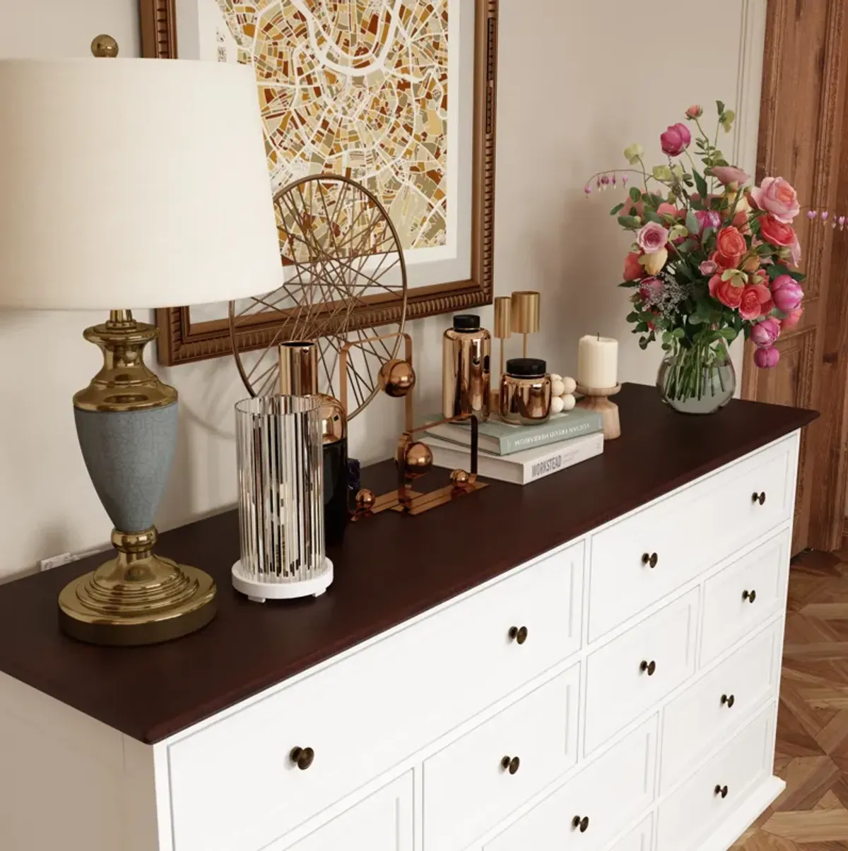 12-Drawer White Wood Dresser Storage Cabinet Vintage Style 31.5 in. H x 61 in. W x 15.7 in. D