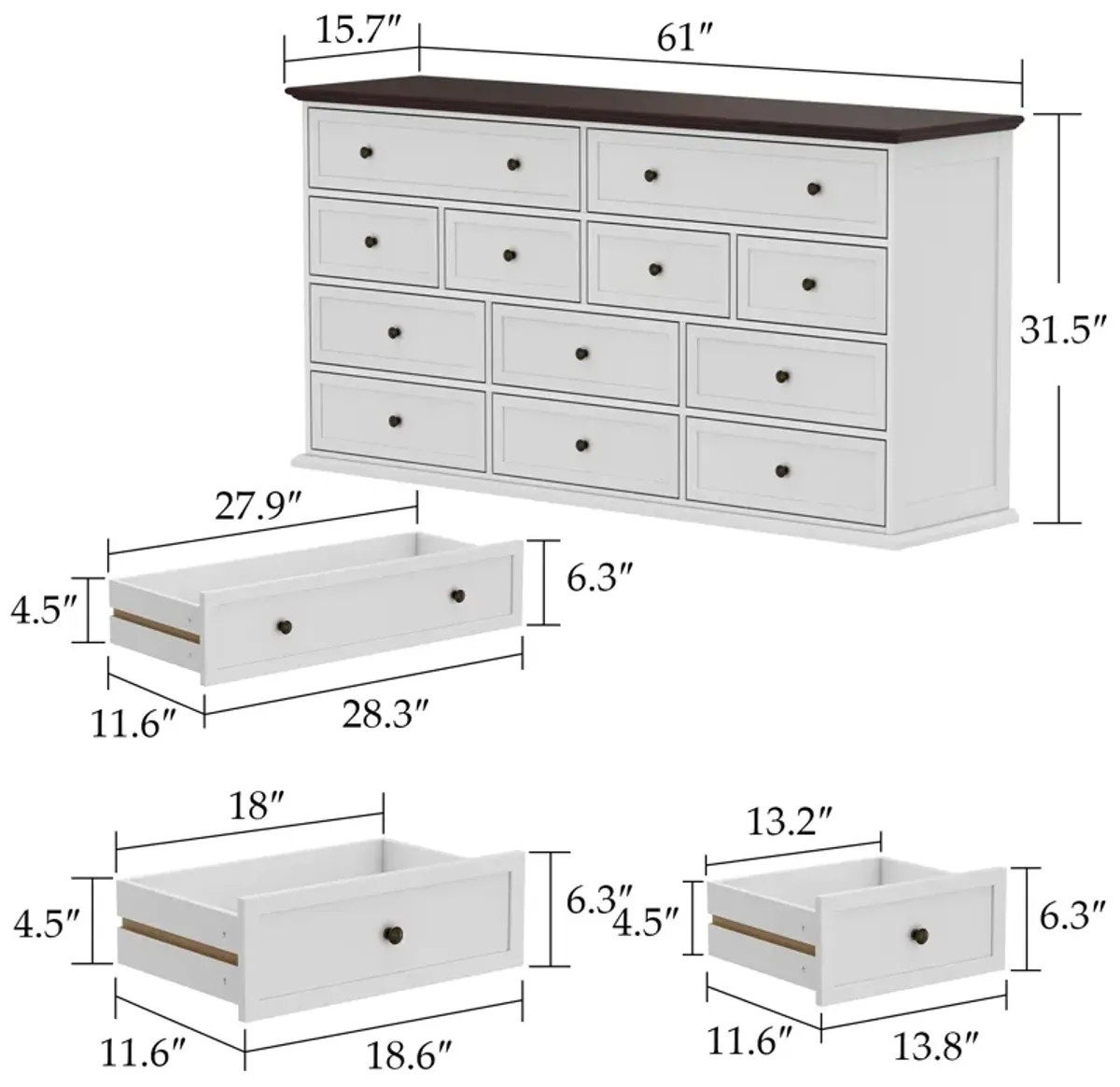 12-Drawer White Wood Dresser Storage Cabinet Vintage Style 31.5 in. H x 61 in. W x 15.7 in. D