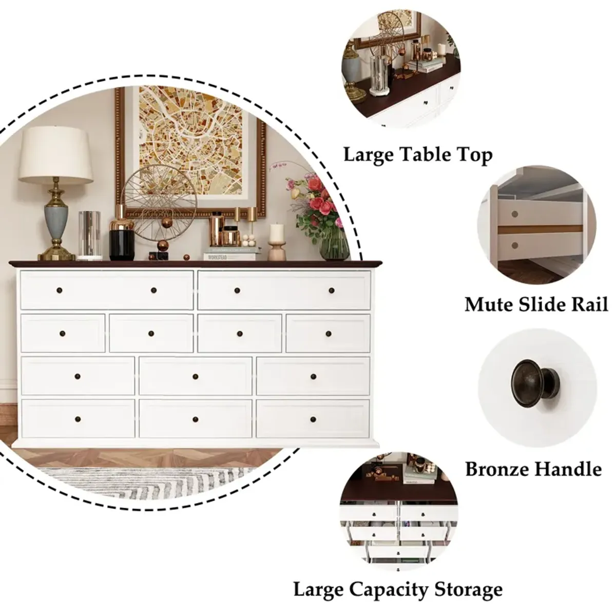 12-Drawer White Wood Dresser Storage Cabinet Vintage Style 31.5 in. H x 61 in. W x 15.7 in. D