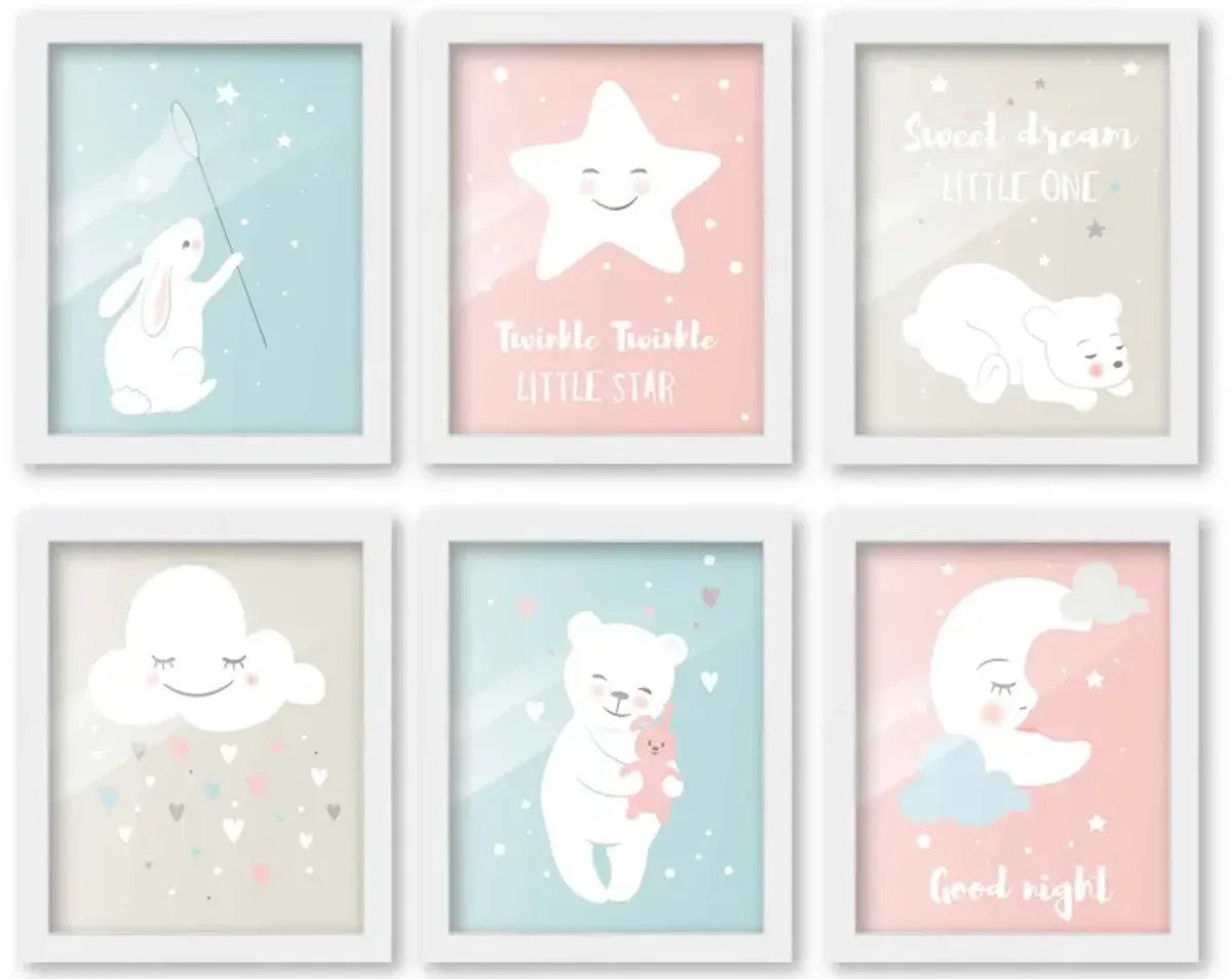 8x10 Framed Nursery Wall Art Set of 6 Hand Drawn Twinkle Twinkle Little Star Prints in White Wood Frames