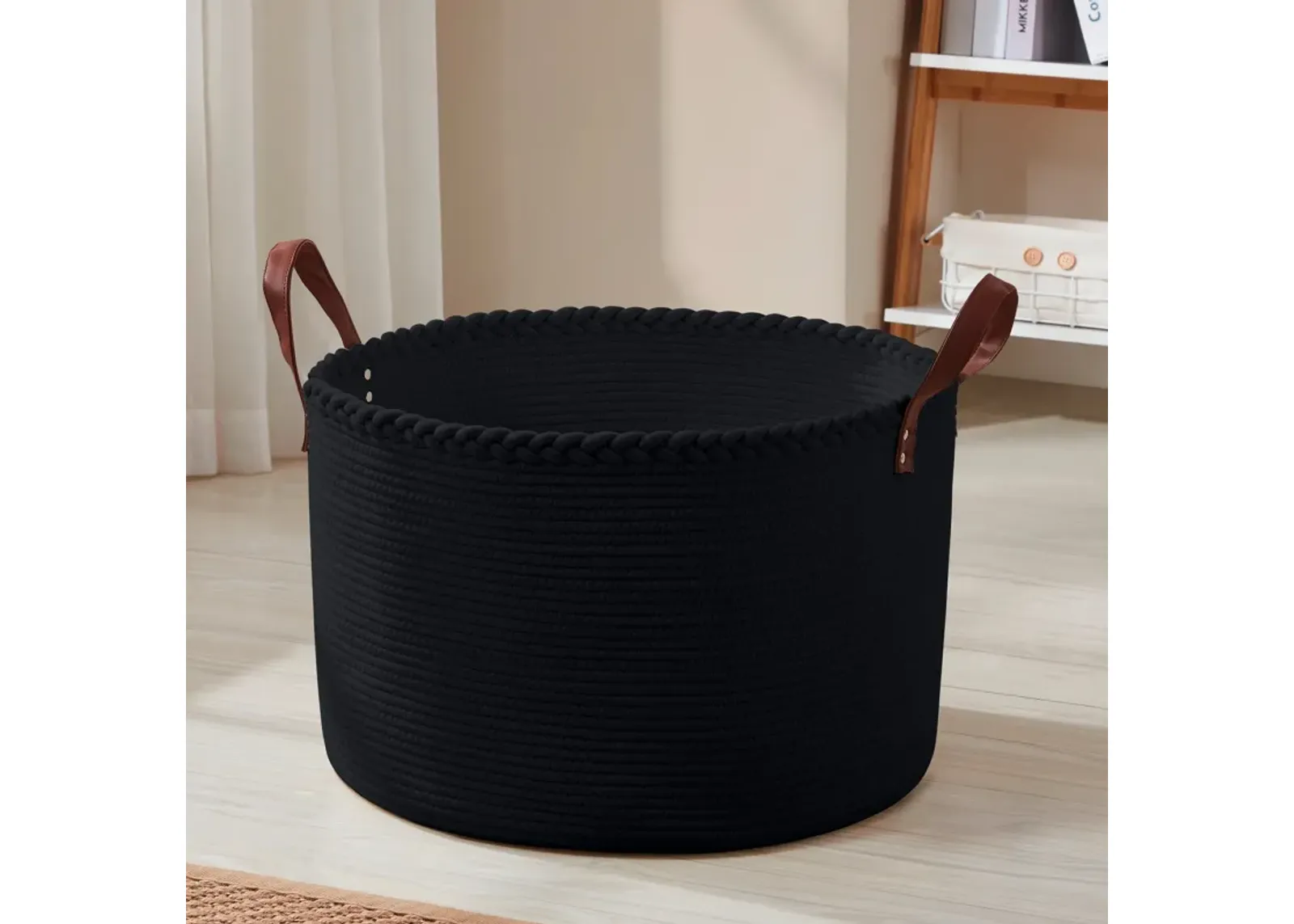 Extra Large Round Cotton Rope Storage Basket Laundry Hamper with Leather Handles