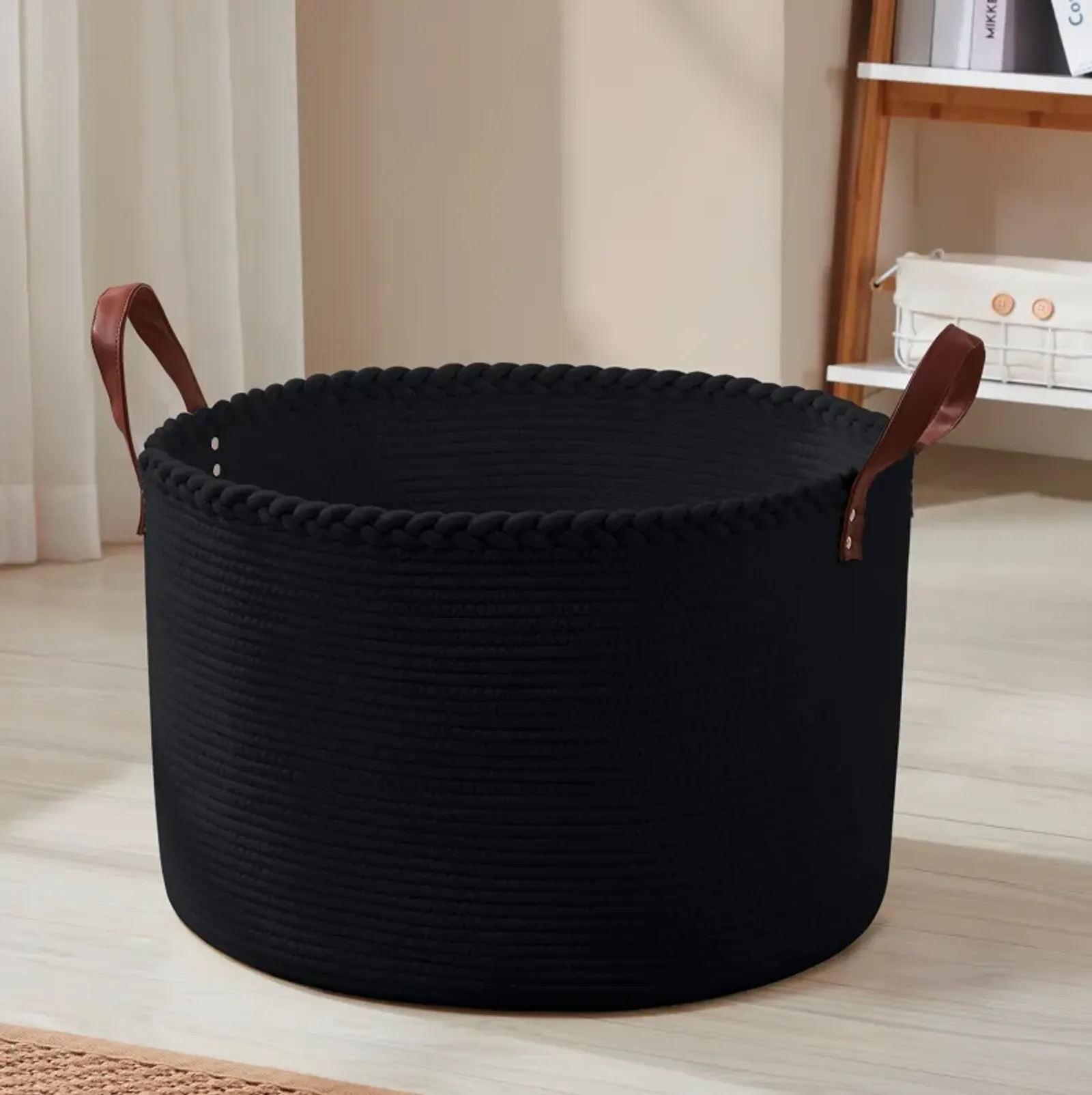 Extra Large Round Cotton Rope Storage Basket Laundry Hamper with Leather Handles