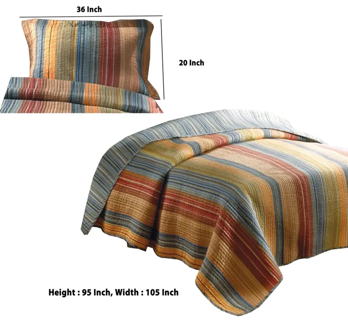 Huascaran 3 Piece Fabric King Size Quilt Set with Channel Stitching, Multicolor - Benzara