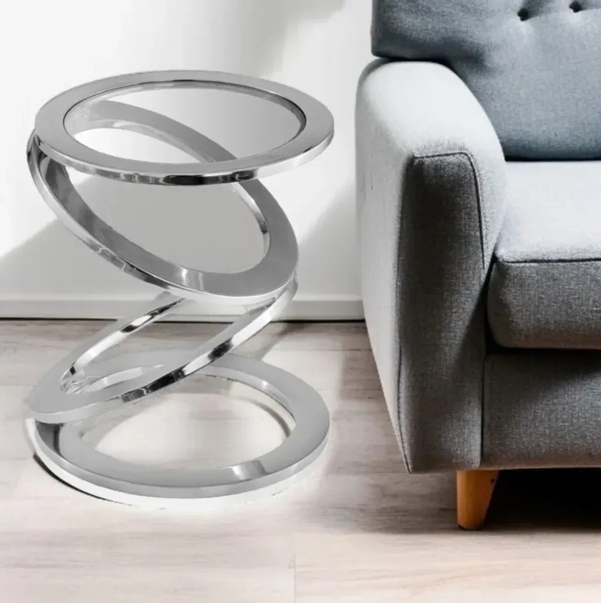 Hivvago 17 Inch  Silver And Clear Glass and Aluminum Round Abstract End Table