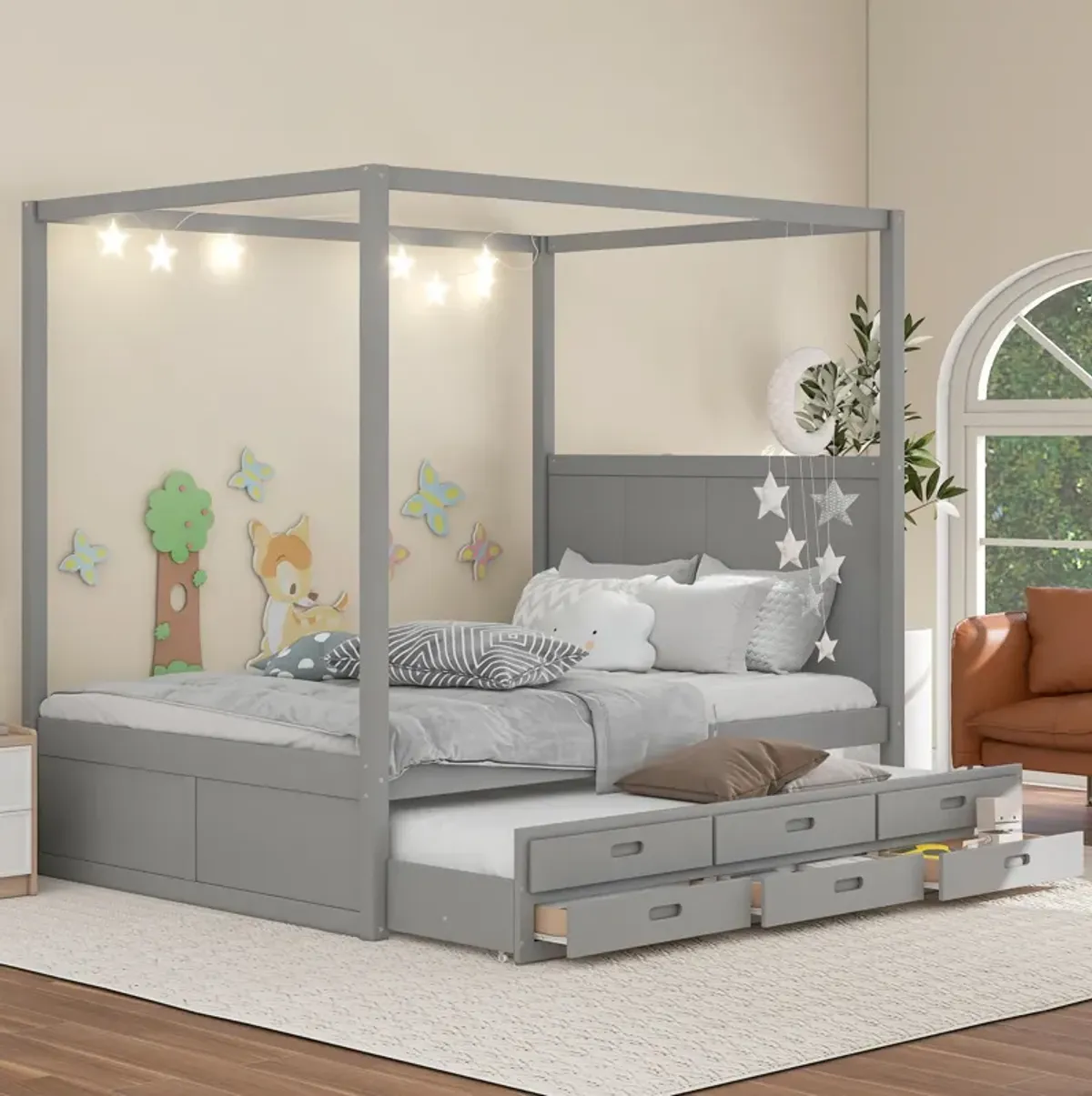 Merax Canopy Platform Bed with Trundle and  Storage Drawers