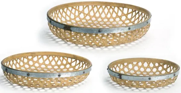 Set of 3 Round Woven Trays Wicker Metal for Stylish Storage