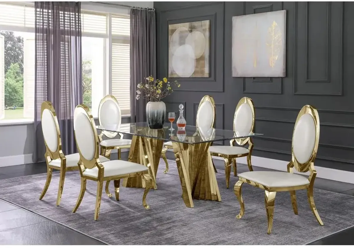Classic 7pc Dining Set w/Faux Leather Side Chair, Glass Table w/ Gold Spiral Base, White