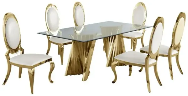 Classic 7pc Dining Set w/Faux Leather Side Chair, Glass Table w/ Gold Spiral Base, White