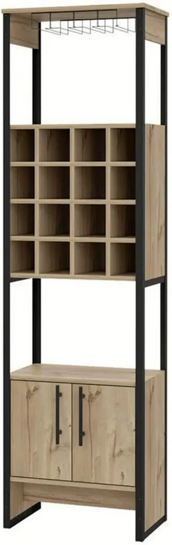 Isa 71 Inch Standing Bar Cabinet, 16 Cubbies, Natural Brown Wood Finish-Benzara