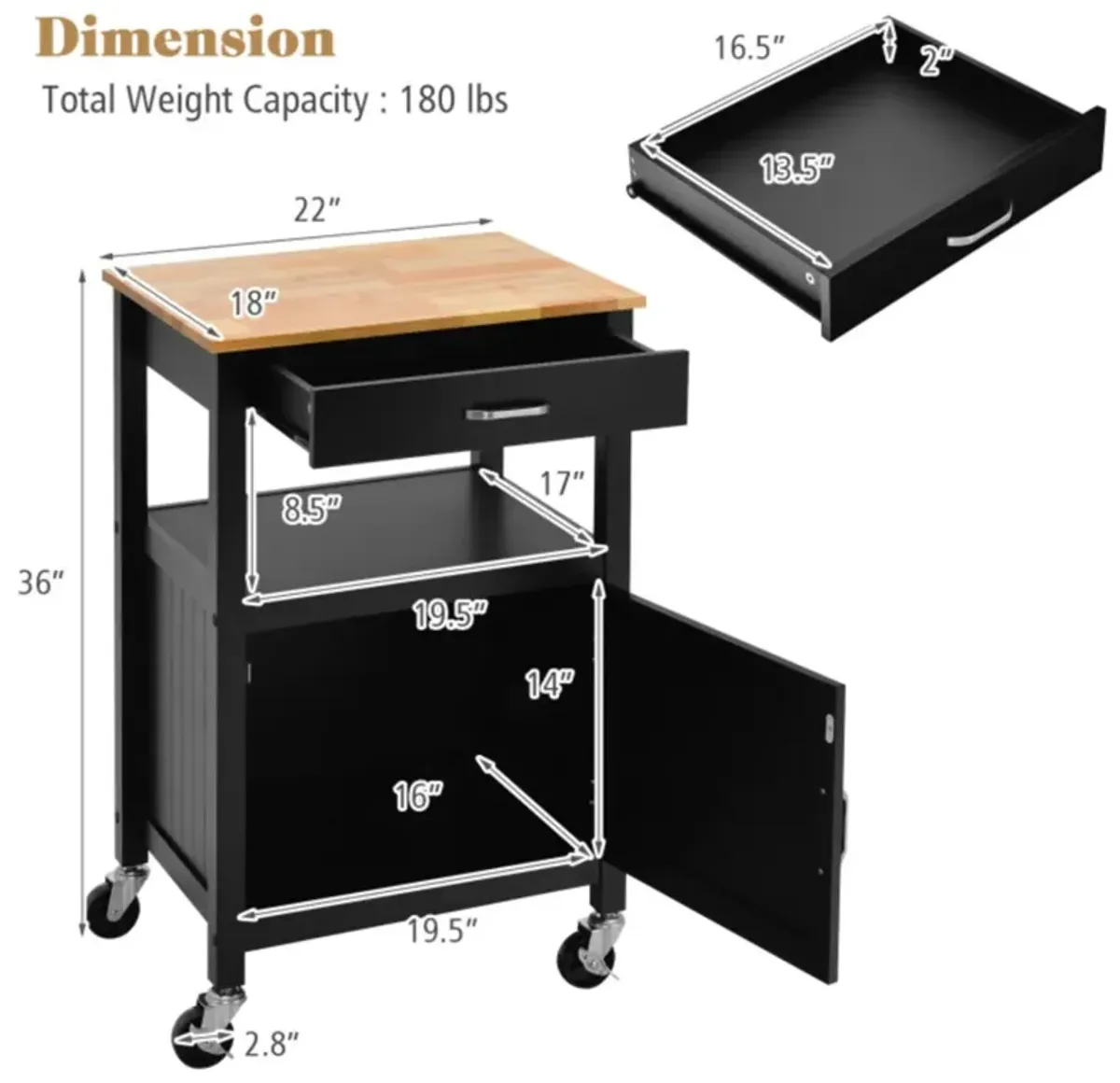 Hivvago Rolling Kitchen Island Cart with Drawer and Side Hooks