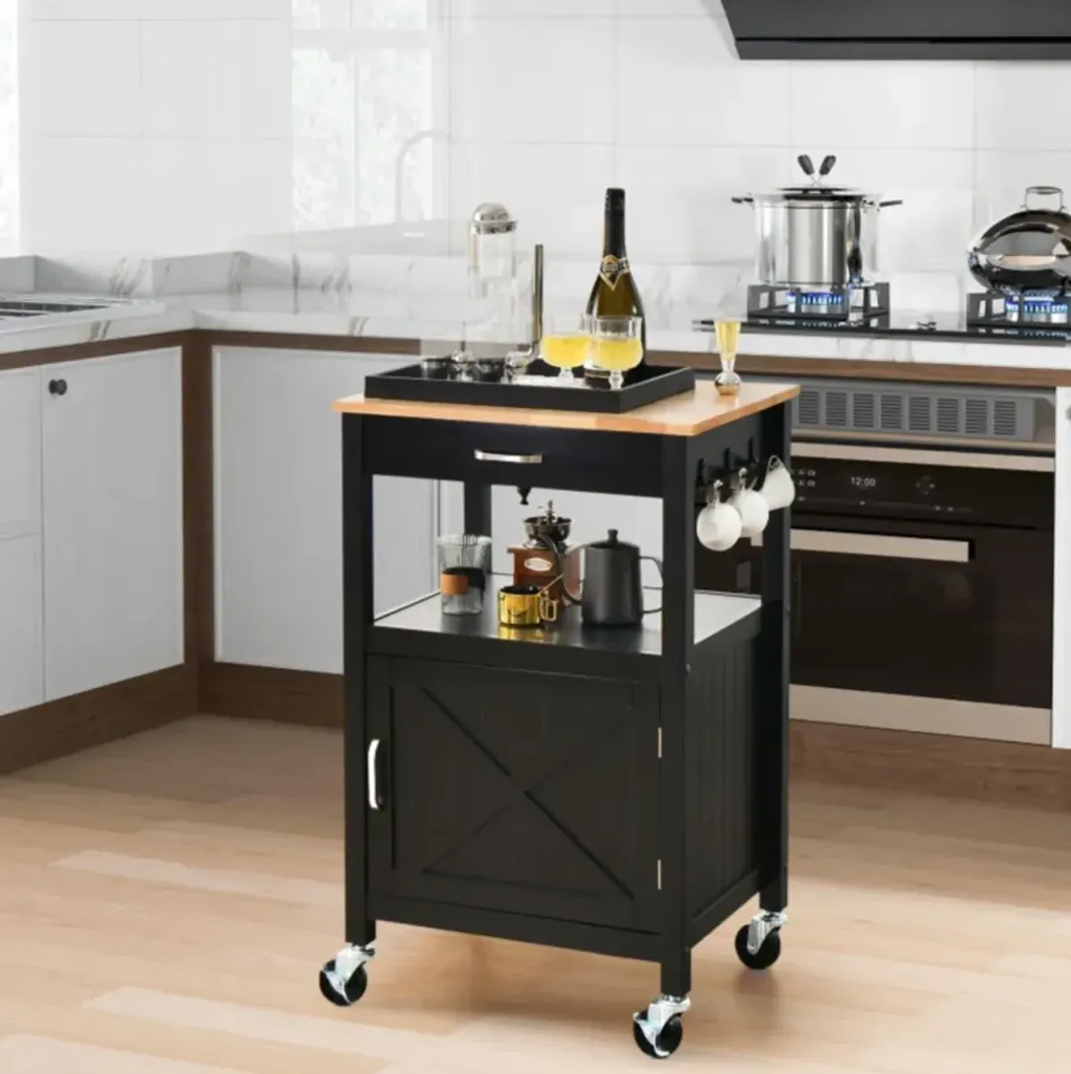 Hivvago Rolling Kitchen Island Cart with Drawer and Side Hooks