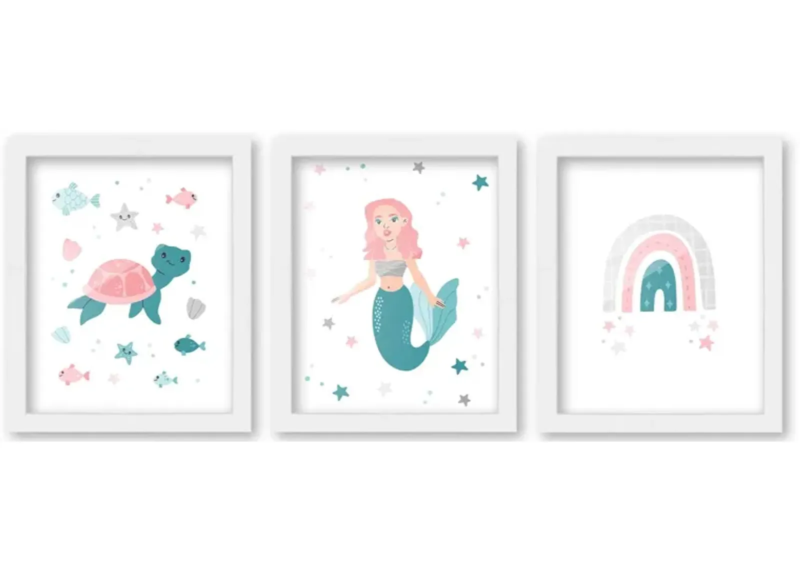 8x10 Framed Nursery Wall Art Set of 3 Hand Drawn Mermaid Prints in White Wood Frames