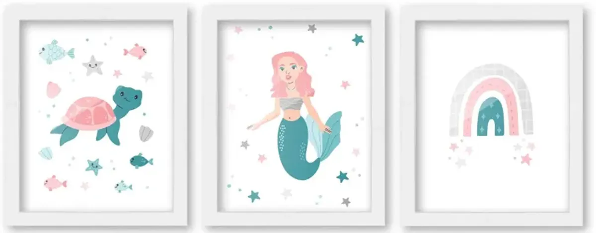 8x10 Framed Nursery Wall Art Set of 3 Hand Drawn Mermaid Prints in White Wood Frames